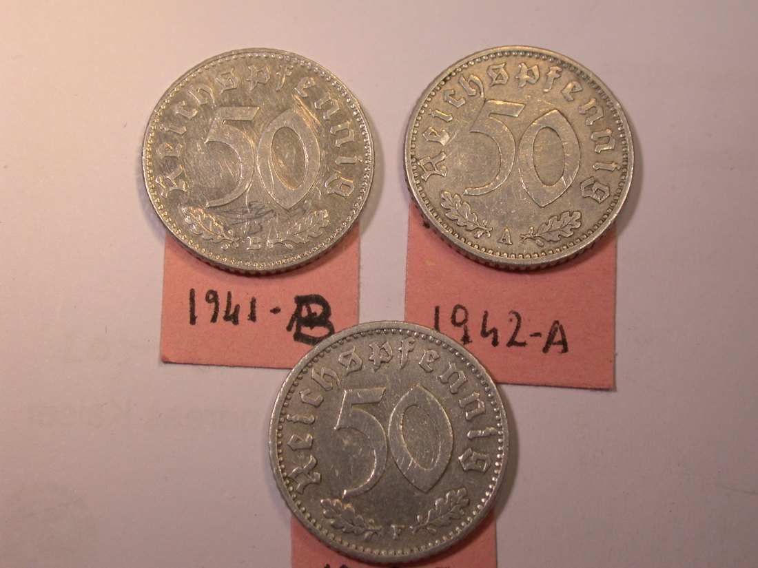 J26 3.Reich 50 Pfennig 1941 B, 1942 A und F 3 Münzen Originalbilder