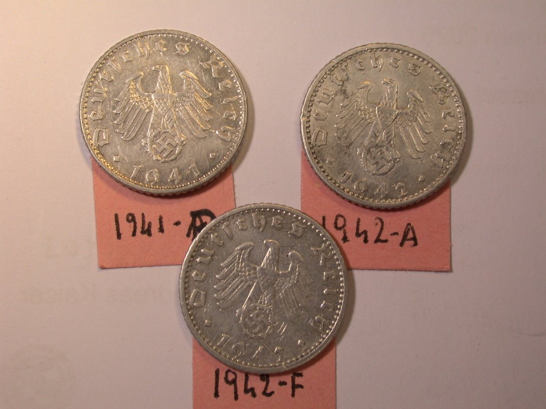  J26  3.Reich  50 Pfennig 1941 B, 1942 A und F   3 Münzen  Originalbilder   