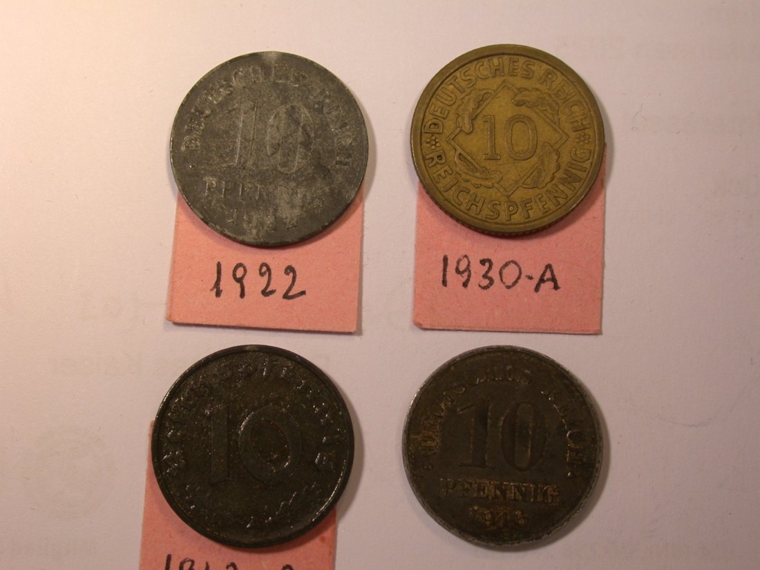 J26 KR, 3. Reich 10 Pfennig 1916,1922 1930 A und 1943 A 4 Münzen Originalbilder