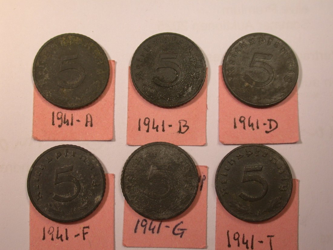 J26 KR, 3. Reich 5 Pfennig 1941 A-J 6 Münzen Originalbilder