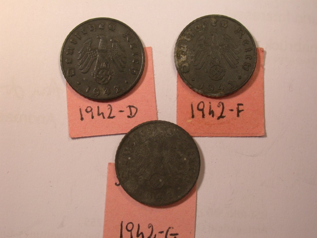  J26  KR, 3. Reich  5 Pfennig 1942 D, F und G  3 Münzen  Originalbilder   