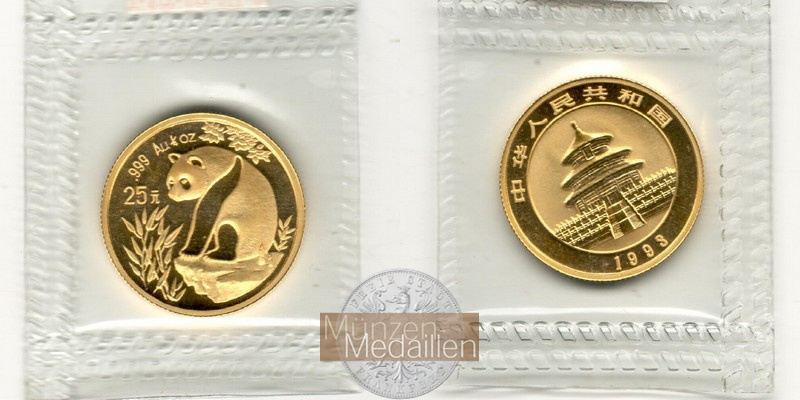 China 25 Yuan MM-Frankfurt Feingold: 7,78g Panda seated on rock 1993