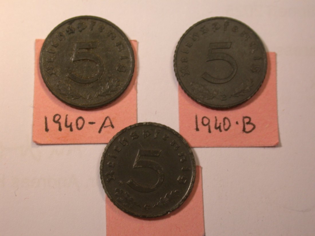  J26  KR, 3. Reich  5 Pfennig 1940 A, B und G  3 Münzen  Originalbilder   