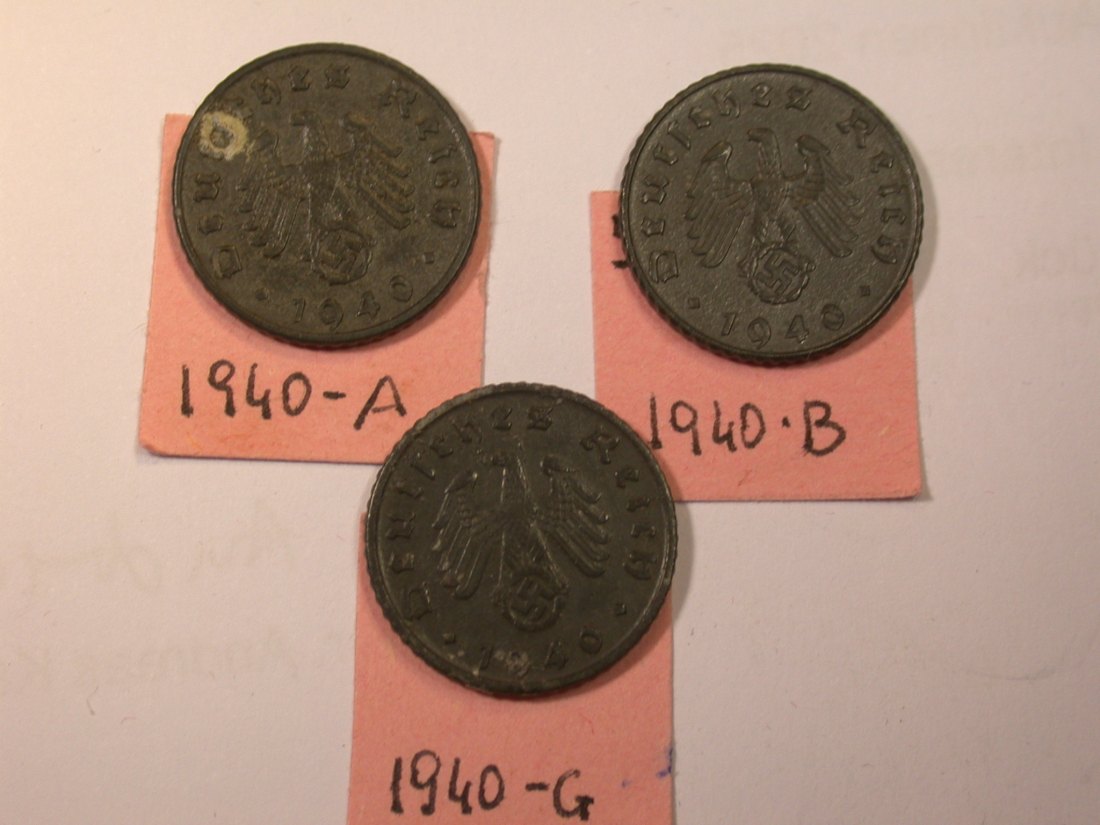  J26  KR, 3. Reich  5 Pfennig 1940 A, B und G  3 Münzen  Originalbilder   