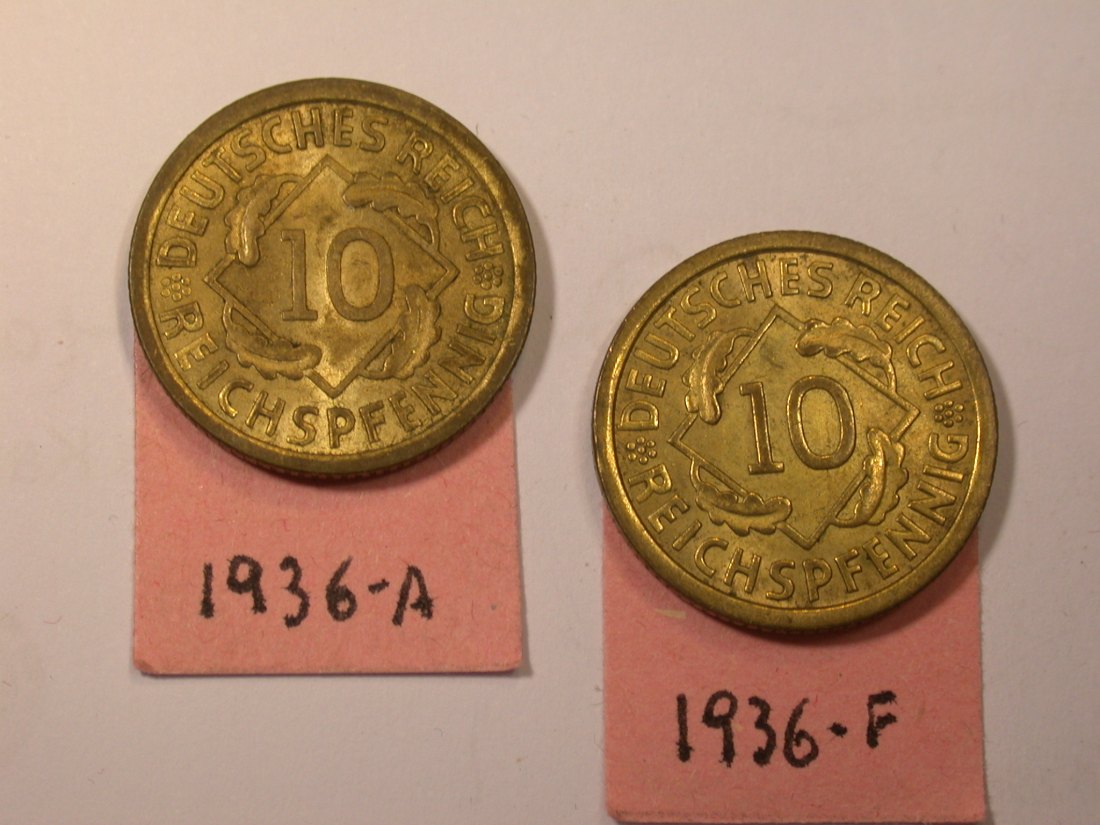  J26  Weimar  10 Pfennig 1936 A und F  2 Münzen  Originalbilder   