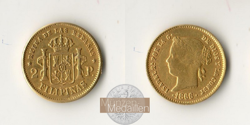 Philippinen  2 Peso MM-Frankfurt Feingold: 2,9g Isabella II. 1866 
