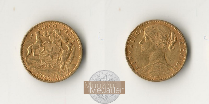 Chile MM-Frankfurt Feingold: 2,75g 5 Pesos 1898 