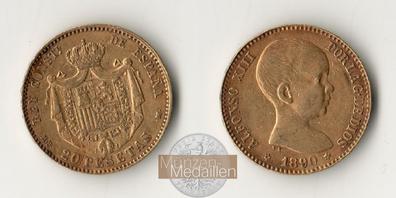 Spanien MM-Frankfurt Feingold: 5,81g 20 Pesetas 1890 