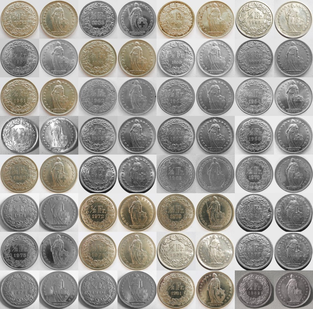  Schweiz 1/2 Franken, 1952-1982, 32 Stück, 15x Ag 835 = gesamt 37,5 g   
