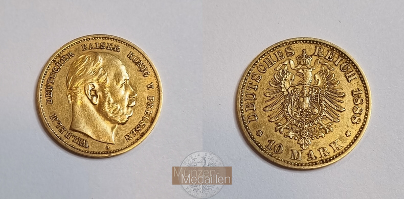 Deutsches Kaiserreich, Preussen. MM-Frankfurt Feingewicht: 3,58g Gold Wilhelm I. 1861-1888. 10 Mark 1888 A 