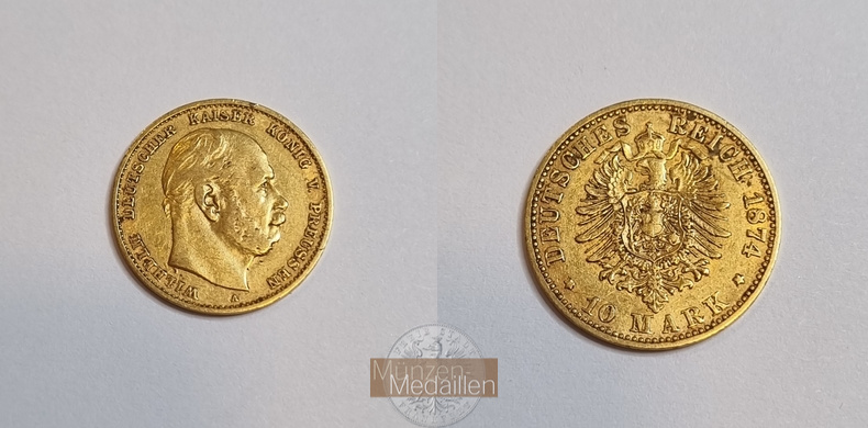 Deutsches Kaiserreich, Preussen. MM-Frankfurt Feingewicht: 3,58g Gold Wilhelm I. 1861-1888. 10 Mark 1874 A 