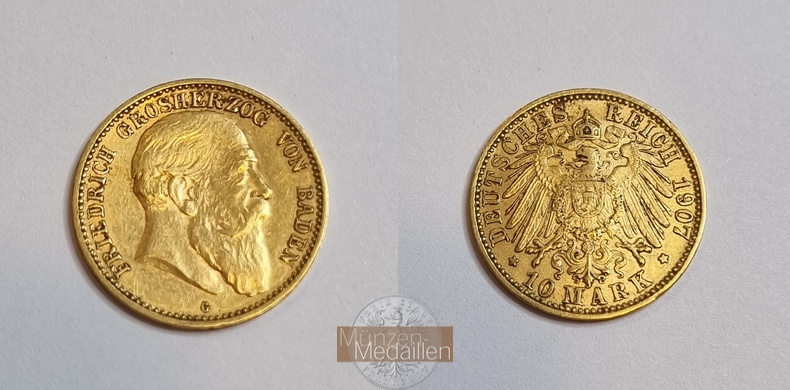 Baden, Königreich  10 Mark MM-Frankfurt  Feingewicht: 3,58g Gold Grosherzog Friedrich I. 1852-1907 1907 G 