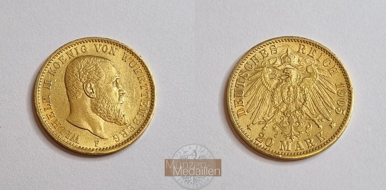 Würtemberg. Wilhelm II. 1891-1918. MM-Frankfurt Feingewicht: 7,17g Gold 20 Mark 1905 F 