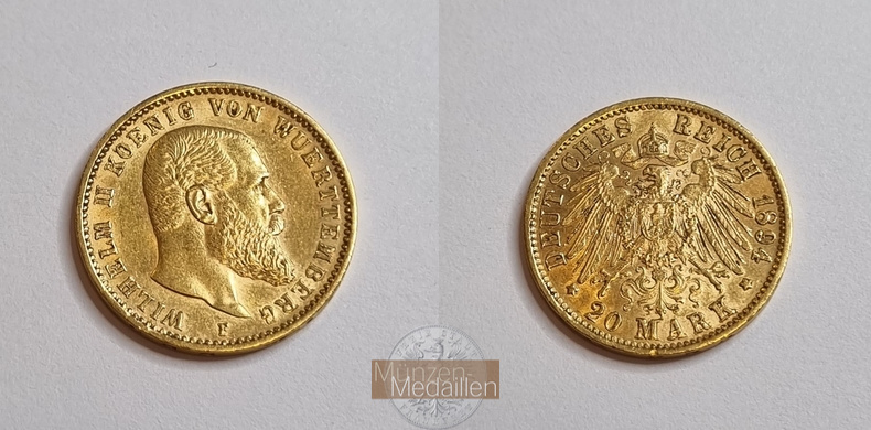 Würtemberg, Wilhelm II. König 1891-1918 MM-Frankfurt Feingewicht: 7,17g Gold 20 Mark 1894 F 
