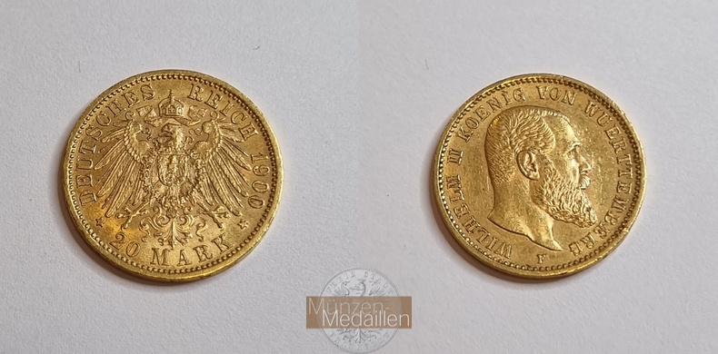 Würtemberg, Wilhelm II. König 1891-1918 MM-Frankfurt Feingewicht: 7,17g Gold 20 Mark 1900 F 