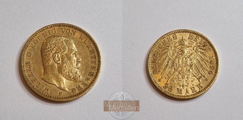 Würtemberg, Wilhelm II. König 1891-1918 MM-Frankfurt Feingewicht: 7,17g Gold 20 Mark 1894 F 