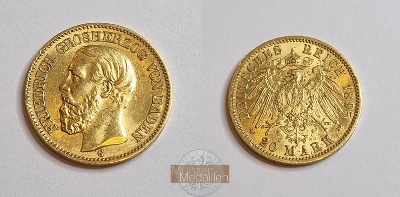 Deutsches Kaiserreich, Baden. MM-Frankfurt Feingewicht: 7,17g Gold 20 Mark 1895 G sehr schön