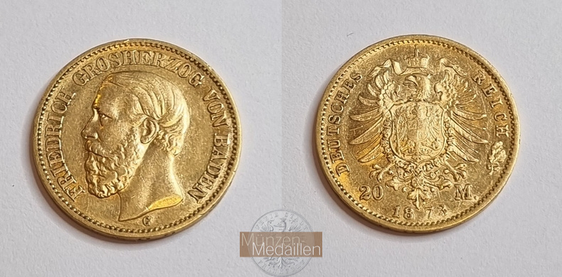 Baden  20 Mark MM-Frankfurt Feingold:  7,17g Friedrich I. 1852 - 1907 1873 G 