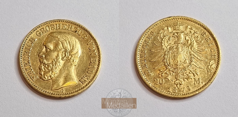 Baden  20 Mark MM-Frankfurt Feingold:  7,17g Friedrich I. 1852 - 1907 1873 G 