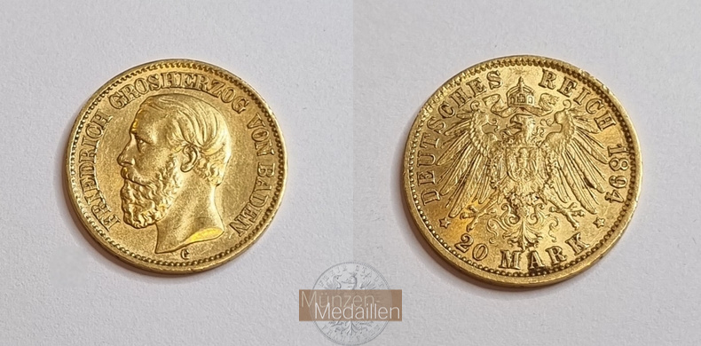 Dt. Kaiserreich Baden, Friedrich I MM-Frankfurt KM#270 Feingold: 7,17g 20 Mark (1894-1895) 1894 G 