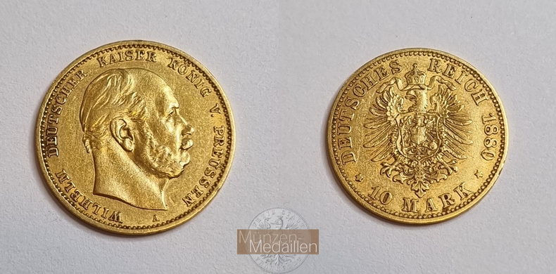 Deutsches Kaiserreich Preussen MM-Frankfurt Feingewicht: 3,59g Gold Wilhelm I. 1861-1888. 10 Mark 1880 A 