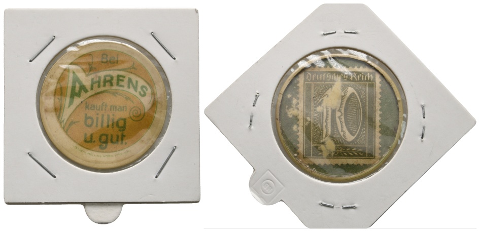 Briefmarkenkapselgeld; Bei Ahrens kauf man billig u. gut; Deutsches Reich; 10 Pfennig   