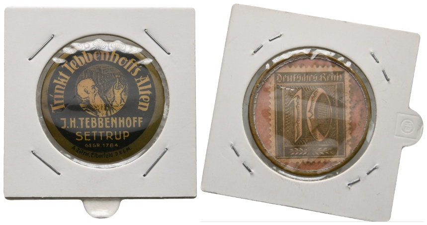  Briefmarkenkapselgeld; J.H. Tebbenhoff Settrup; Deutsches Reich; 10 Pfennig   