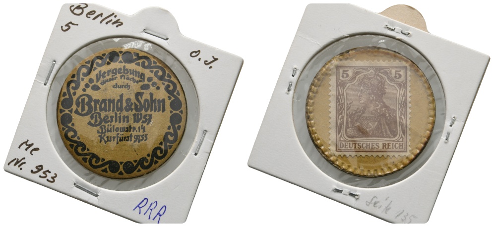  Briefmarkenkapselgeld; Brand & Sohn Berlin W57; Deutsches Reich; 5 Pfennig   