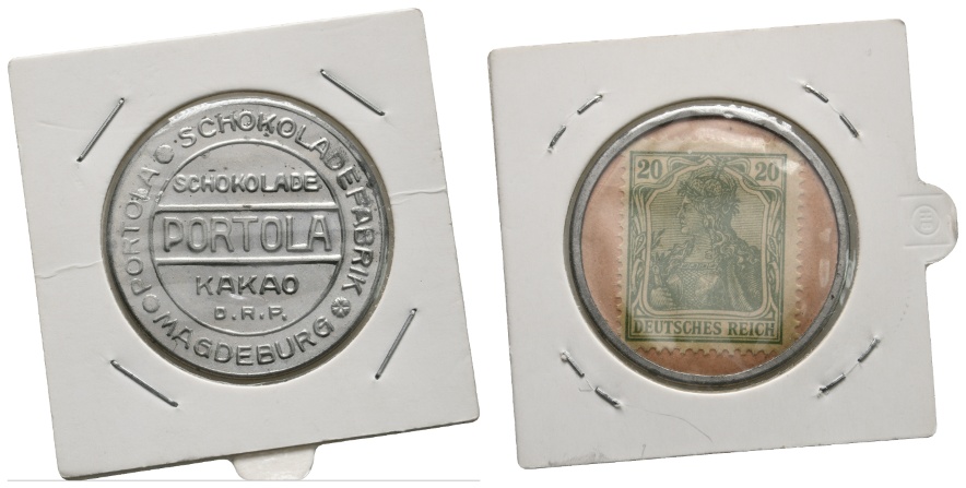  Briefmarkenkapselgeld; Portola Schokoladenfabrik Magdeburg; Deutsches Reich; 20 Pfennig   