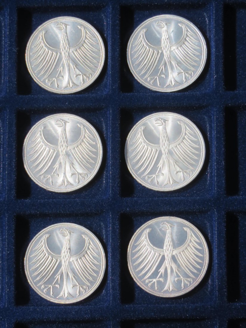  Sechs Silber 5,- DM, Heiermann, 1974 F in Stgl.   