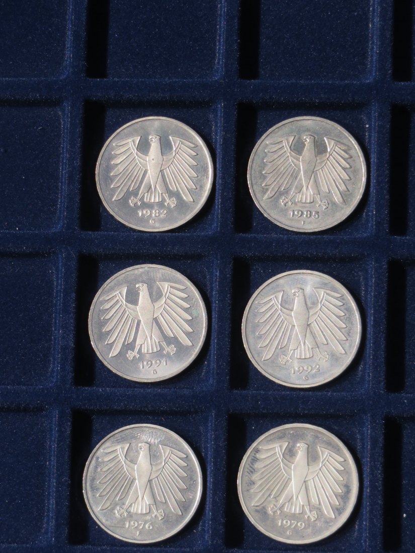  Sechs  5,- DM,  1976 - 1992, alle  in Stgl.   