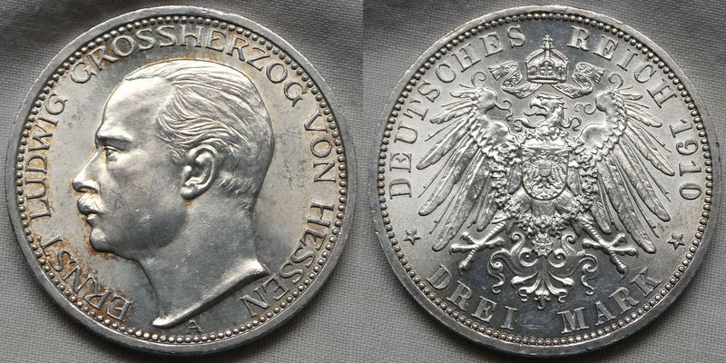  Hessen 3 Mark 1910 Ernst Ludwig in f. ST !! Schöner Prägeglanz !!   
