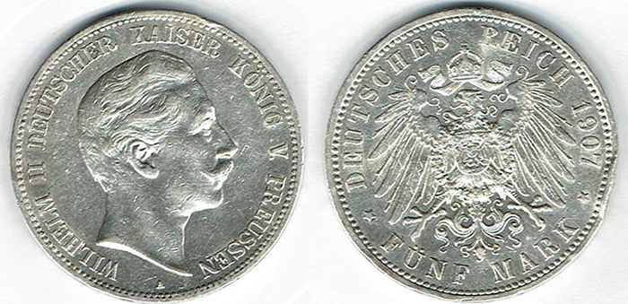  SZAIVERT DEUTSCHES KAISERREICH PREUSSEN WILHELM II 5 MARK 1907 A BERLIN   