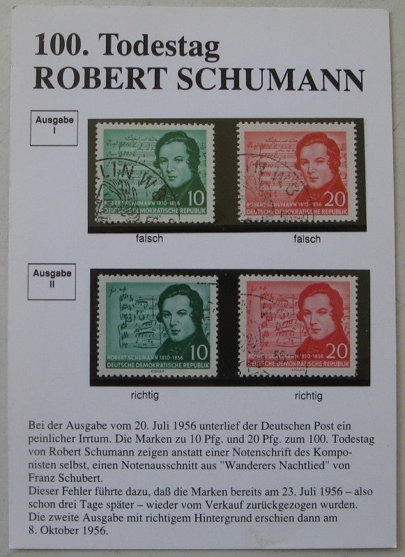  1956, Deutschland (DDR), Robert Schuman- Ausgabe I (Emittentenfehler)+Ausgabe II (Richtig)   