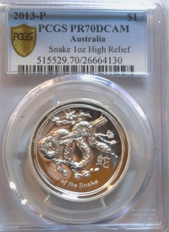 - kirofa - Australia 2013 - Schlange - Snake - High Relief - 1 OZ SILVER 999 PROOF -PCGS PR70 DCAM.