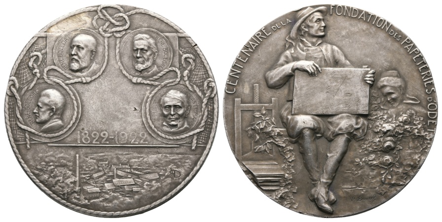  Frankreich; Medaille 1922; 100 Jahre der Stiftung der Bodet Papierfarbik; Silber; 139,91g; Ø 67,77mm   