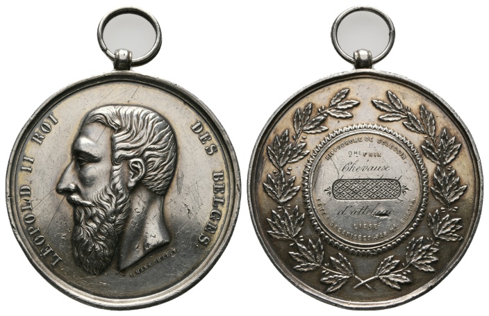  Belgien; Medaille; Leopold II; 2. Preis Pferderennen; Silber; gehenkelt; 64,84 g; Ø 66,55 mm   