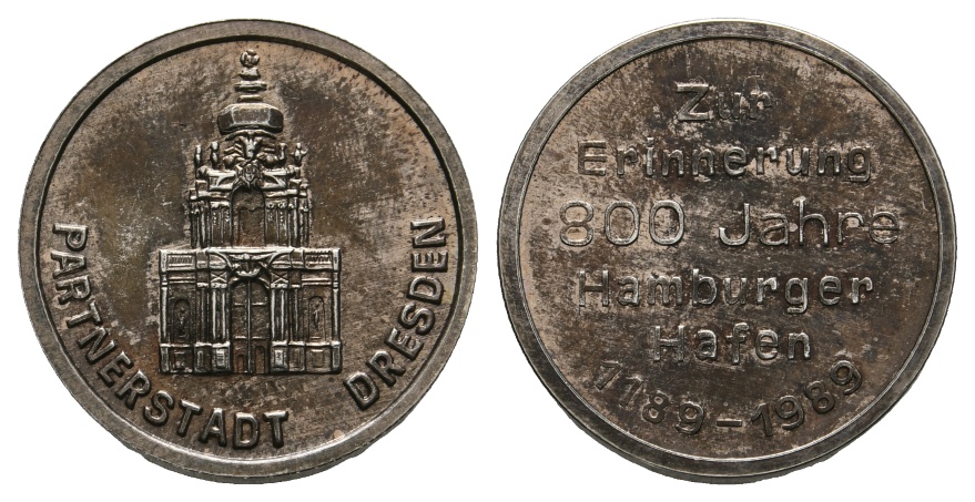  Medaille 1989; 800 Jahre Hamburger Hafen; Partnerstadt Dresden; Silber; 8,89 g; Ø 22,90 mm   