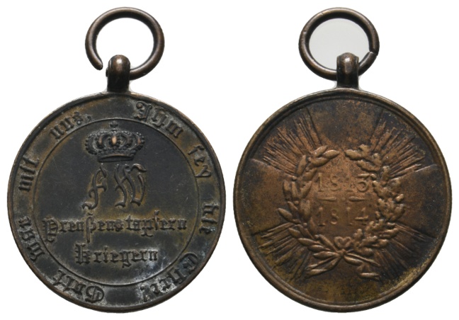  Medaille 1814; Gedenkmünze Preußens tapferen Kriegern; Bronze; gehenk.; 14,89 g; Ø 29,19 mm   