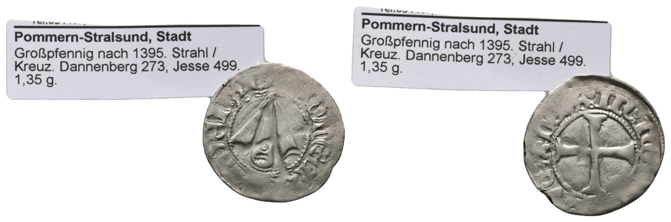  Mittelalter; Pommern-Stralsund; Pfennig 1395; 1,35 g   