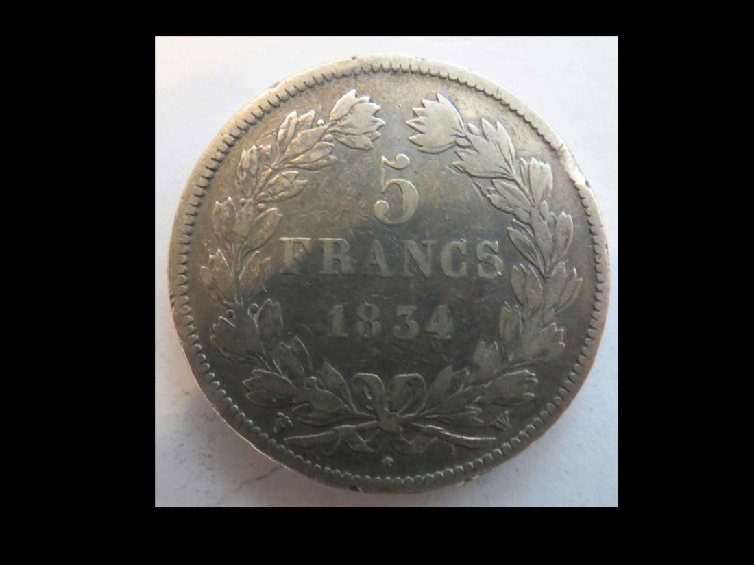  5 Francs - Louis-Philippe I 1834; Lille ; 900er Silber, 25 Gramm (Feingewicht 22,08 g)   