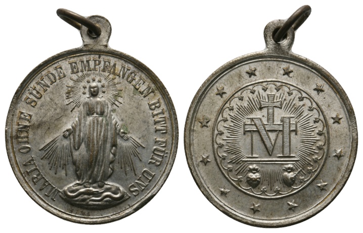  Medaille; Maria ohne Sünde empfangen bitt für uns; Religion; Zinn; gehenkelt; 16,82 g; Ø 32,3 mm   