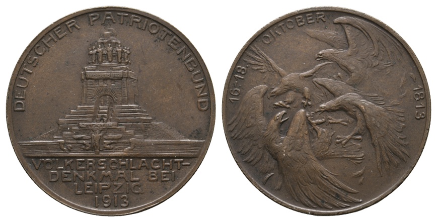  Medaille 1913; Deutscher Patriotenbund; Völkerschlacht Leipzig; Bronze; 17,15 g; Ø 33,29 mm   