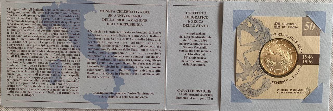  Italy 10000 lire 1996 50th Anniversary of the Republic Silver Booklet BU   