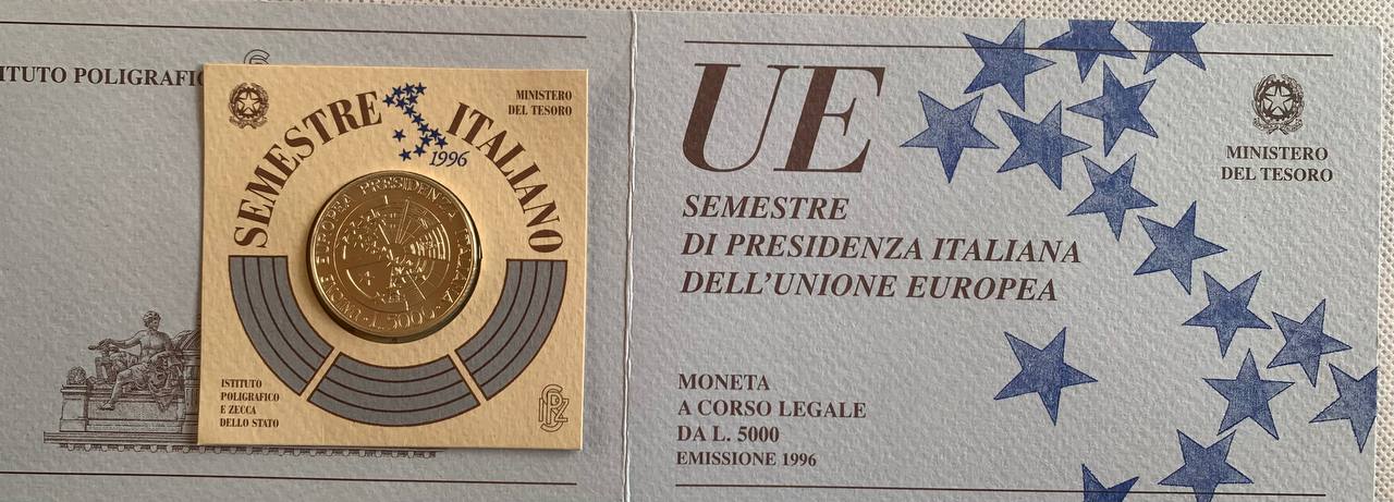 Italy 5000 lire 1996 Italian Presidency of the European Union Silver Booklet BU