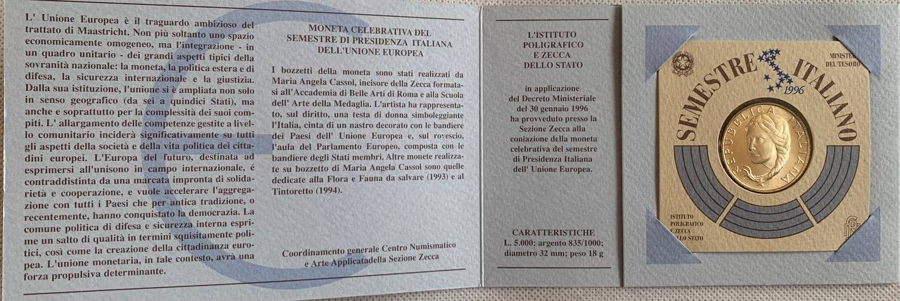  Italy 5000 lire 1996 Italian Presidency of the European Union Silver Booklet BU   