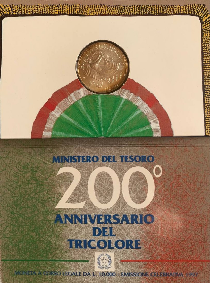  Italy 10000 lire 1997 200th Anniversary - Italian Flag Silver Booklet BU   