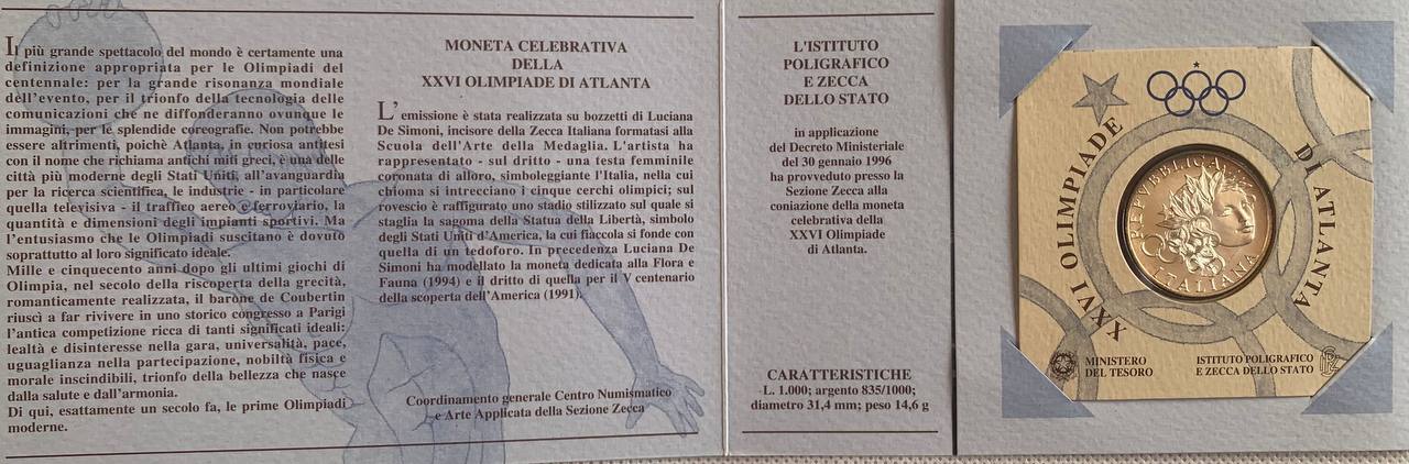 Italy 1000 Lire 1996 Olympics - Atlanta Silver Booklet BU   