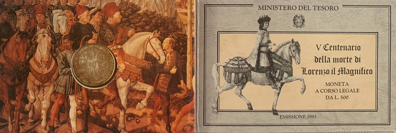  Italy 500 Lire 1992 500th Anniversary - Death of Lorenzo de’ Medici Silver Booklet BU   