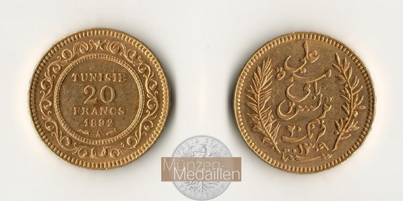 Tunesien, franz. Protektorat (1890-1957) MM-Frankfurt Feingewicht: 5,81g 20 Francs 1892 A 